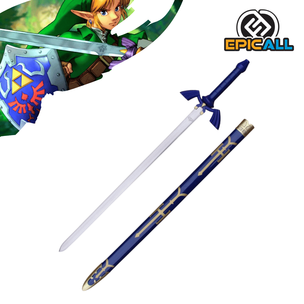 Una réplica de acero sin filo de la Espada Maestra de The Legend of Zelda, con una empuñadura predominantemente azul y detalles dorados. La hoja es plateada y recta. Se incluye una vaina azul con detalles dorados. En la esquina superior izquierda, se ve una ilustración de Link sosteniendo la Espada Maestra y el Escudo Hyliano.