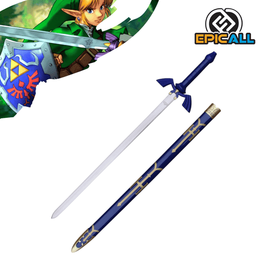 Una réplica de acero sin filo de la Espada Maestra de The Legend of Zelda, con una empuñadura predominantemente azul y detalles dorados. La hoja es plateada y recta. Se incluye una vaina azul con detalles dorados. En la esquina superior izquierda, se ve una ilustración de Link sosteniendo la Espada Maestra y el Escudo Hyliano.