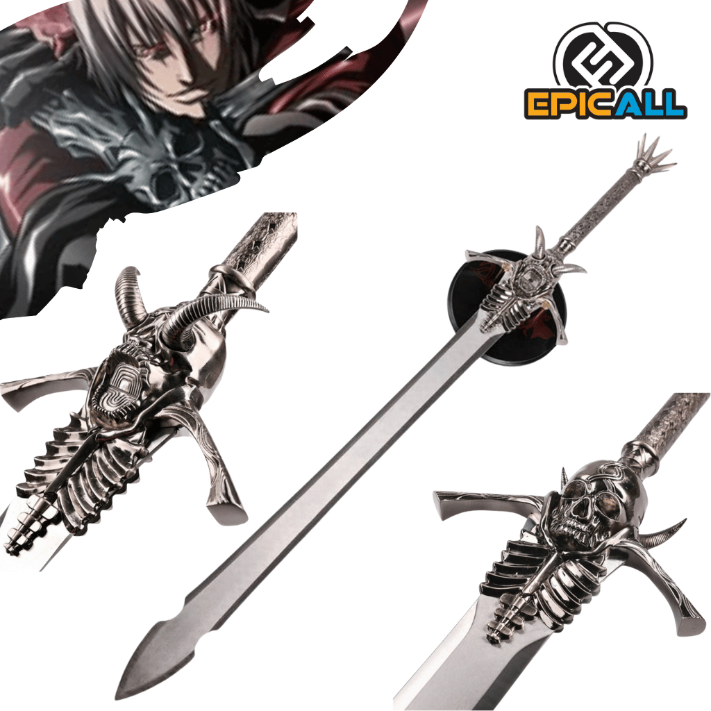 Una réplica de acero sin filo de la espada Rebellion de Dante de la saga Devil May Cry. La espada tiene una hoja plateada con un diseño distintivo, una empuñadura detallada con forma esquelética y alas estilizadas en la guarda. En la esquina superior izquierda, se ve una ilustración de Dante.