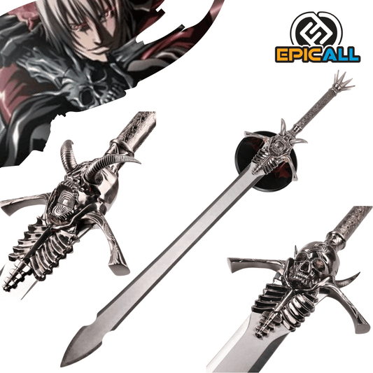 Una réplica de acero sin filo de la espada Rebellion de Dante de la saga Devil May Cry. La espada tiene una hoja plateada con un diseño distintivo, una empuñadura detallada con forma esquelética y alas estilizadas en la guarda. En la esquina superior izquierda, se ve una ilustración de Dante.