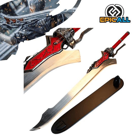 Una réplica de acero sin filo de la espada Red Queen de Nero de Devil May Cry. La espada tiene una hoja plateada con detalles rojos y negros, una empuñadura roja y plateada con el característico acelerador. También se muestra una funda negra. En la esquina superior izquierda, se ve una ilustración de Nero empuñando la Red Queen.