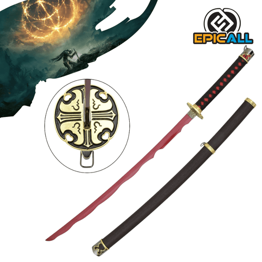 Una réplica de acero sin filo de la katana Ríos de Sangre de Elden Ring. La espada tiene una hoja de color rojo intenso, una empuñadura negra con detalles rojos y dorados, y una guarda circular dorada con un diseño intrincado en negro. También se muestra una vaina negra con detalles dorados. En la esquina superior izquierda, se ve una ilustración del mundo de Elden Ring y un personaje luchando.