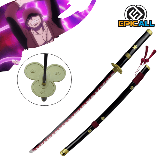 Una réplica de acero de la katana Enma de Roronoa Zoro de One Piece, con un efecto visual que sugiere la manifestación del Haki del Conquistador en la hoja, con un aura rojiza y negra. La espada tiene una hoja oscura con un filo que parece estar intensificado por el Haki, una empuñadura negra con detalles dorados y una guarda con un diseño de tres lóbulos. También se muestra una vaina negra con detalles dorados y borlas rojas. En la esquina superior izquierda, se ve una ilustración de zoro utilizando Haki 