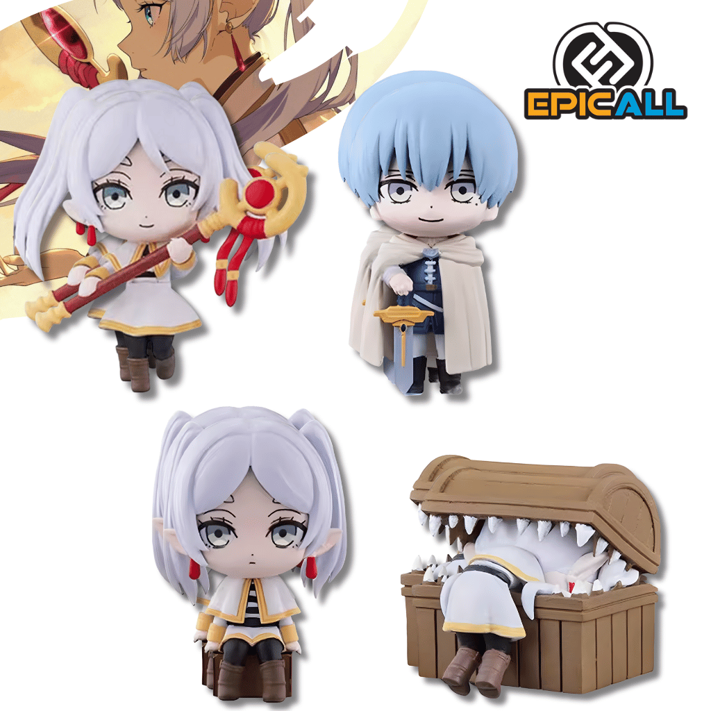Un set de dos pequeñas figuras estilo chibi, de unos 7 cm de altura, del anime Frieren: Beyond Journey's End. Una es Frieren, la elfa de cabello blanco, vestida de maga y sosteniendo un bastón. La otra es Stark, el joven guerrero de cabello azul, con capa y una espada.