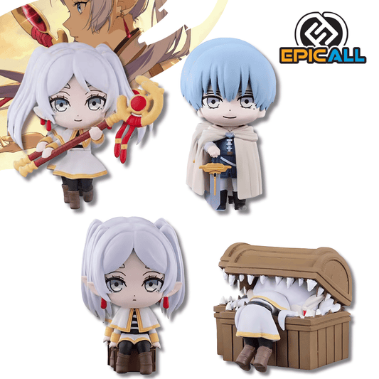 Un set de dos pequeñas figuras estilo chibi, de unos 7 cm de altura, del anime Frieren: Beyond Journey's End. Una es Frieren, la elfa de cabello blanco, vestida de maga y sosteniendo un bastón. La otra es Stark, el joven guerrero de cabello azul, con capa y una espada.
