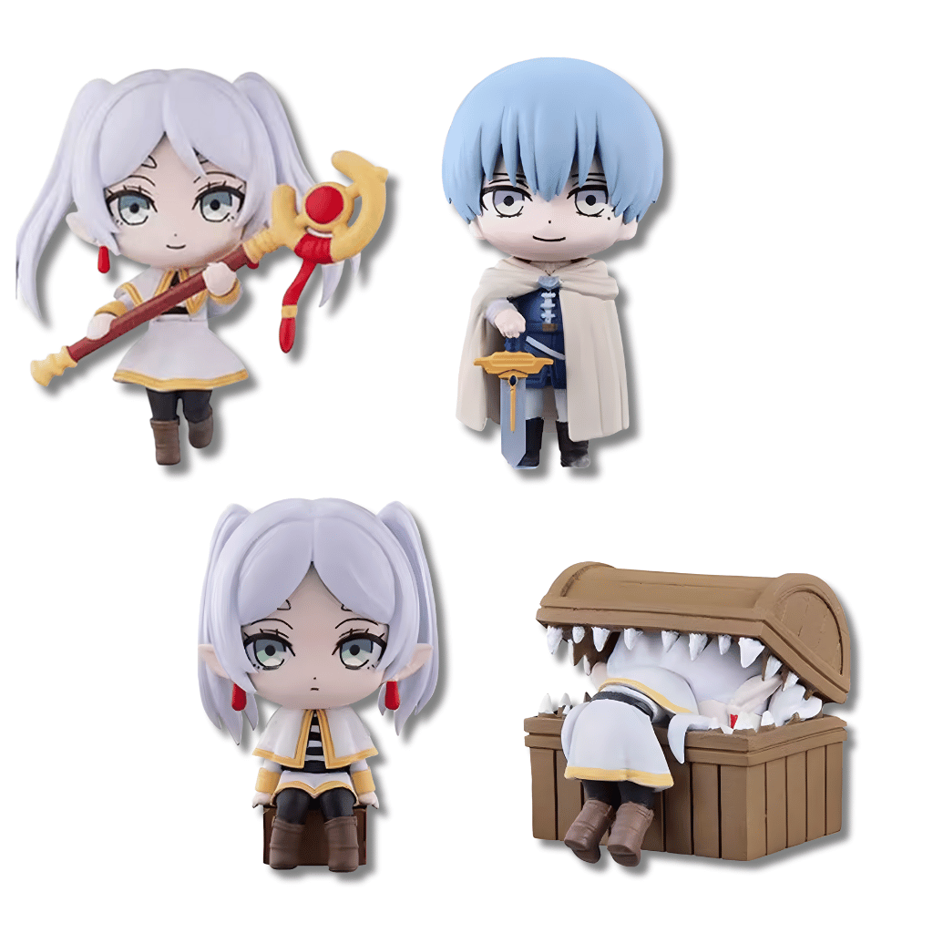 Un set de dos pequeñas figuras estilo chibi, de unos 7 cm de altura, del anime Frieren: Beyond Journey's End. Una es Frieren, la elfa de cabello blanco, vestida de maga y sosteniendo un bastón. La otra es Stark, el joven guerrero de cabello azul, con capa y una espada.