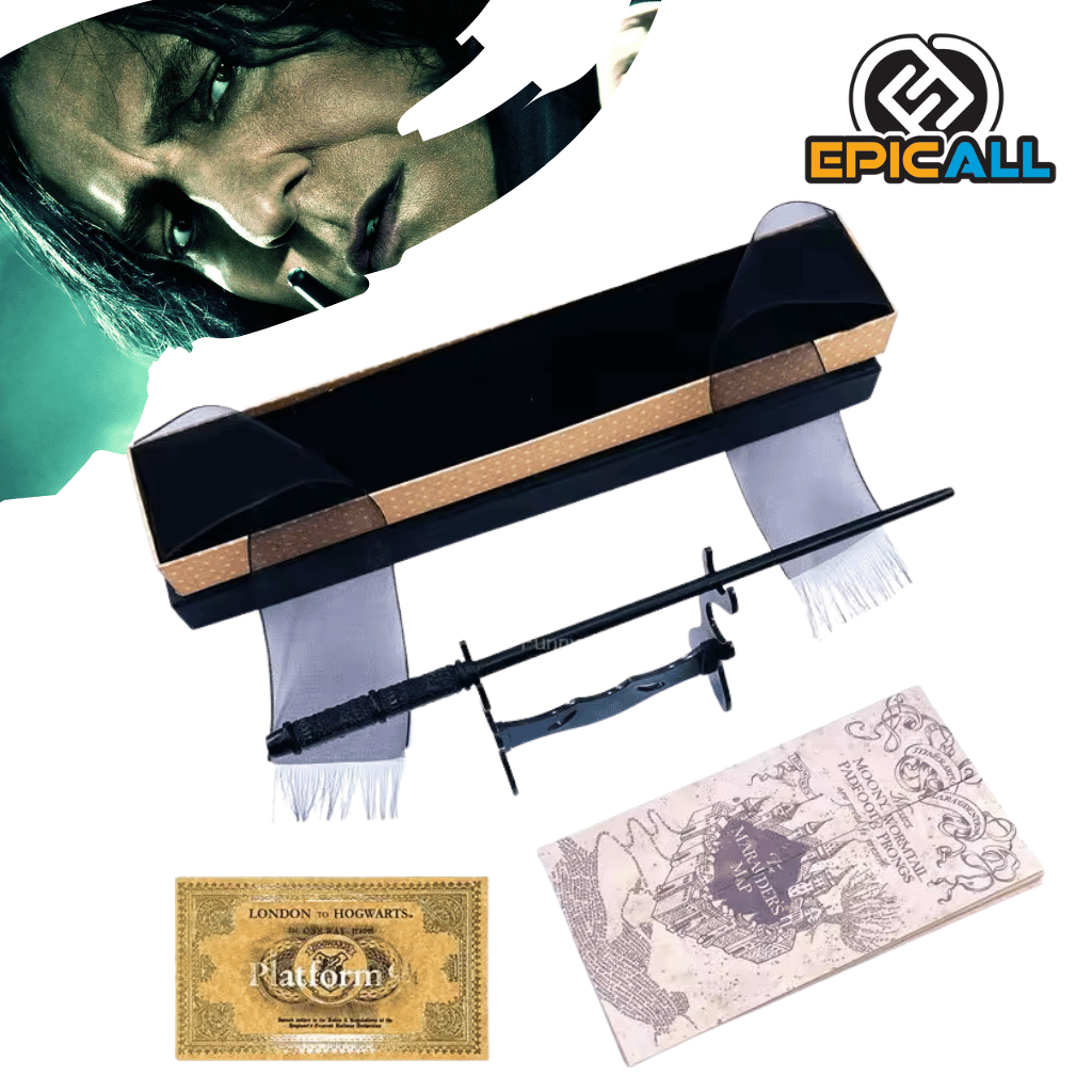 Fotografía de un set de coleccionista de Harry Potter sobre un fondo blanco. El set incluye una varita negra detallada reposando sobre un soporte negro, una réplica del Mapa del Merodeador, un ticket dorado de la Plataforma 9 3/4 "London to Hogwarts" y una caja de regalo negra y dorada con listones de tul blanco y negro.